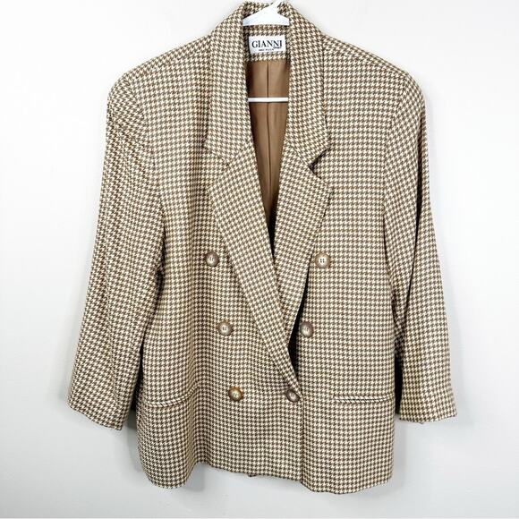 Vintage Gianni Sport Blazer Jacket Womens 12 Houndstooth Tan Neutral Equestrian - Picture 2 of 9